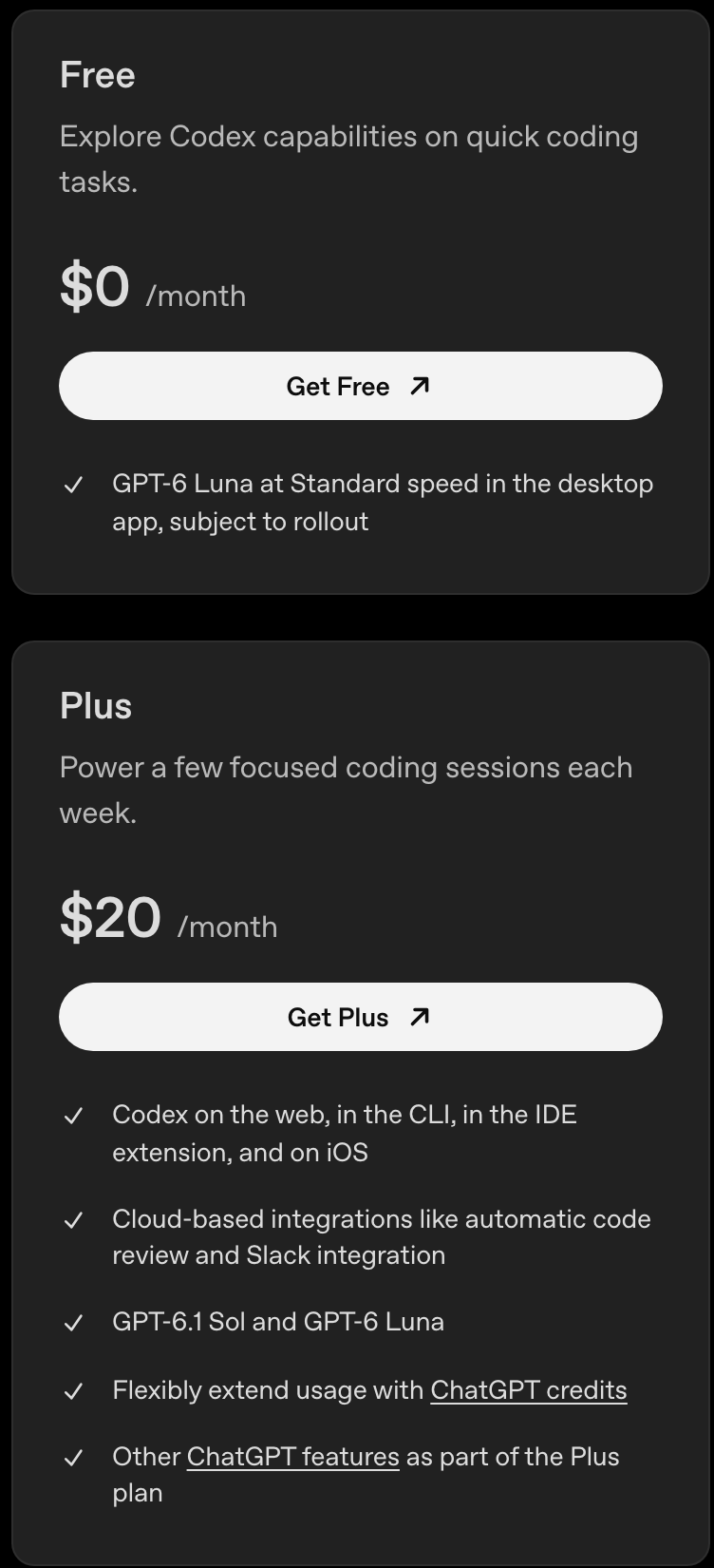 Os cartões de planos da página de preços do Codex: no Free, o Codex só no app de computador; no Plus, na web, no terminal, no editor e no iPhone