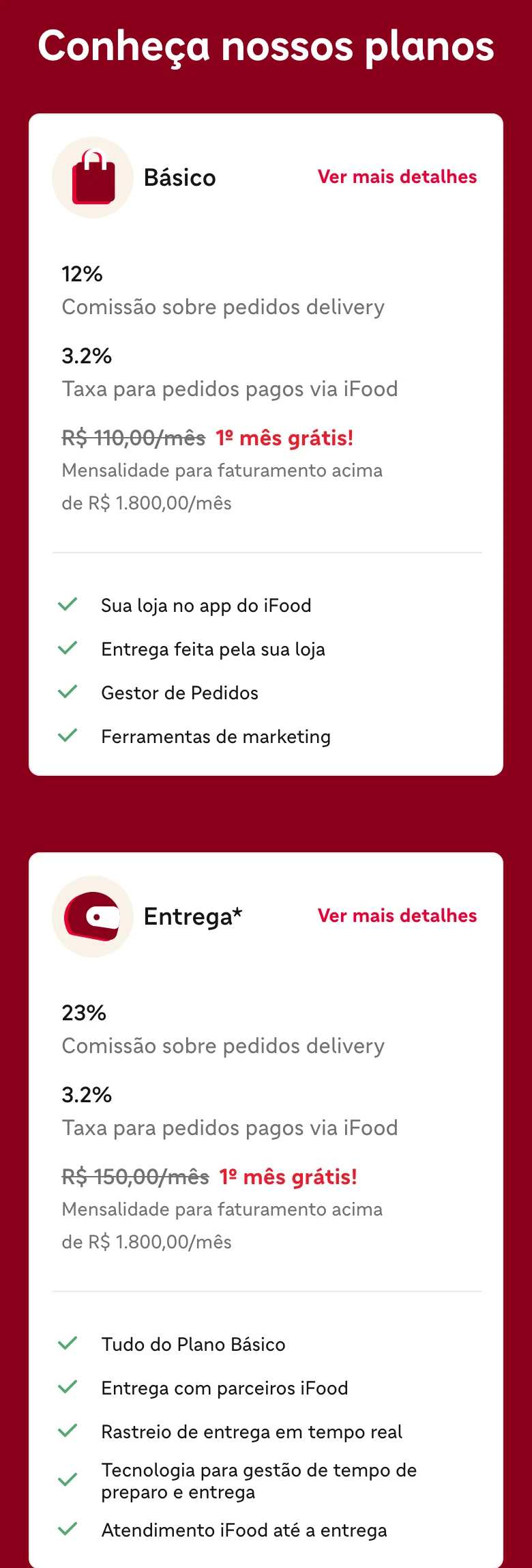 Os dois planos do iFood na tela do celular: o Básico com 12% de comissão sobre pedidos delivery, 3,2% de taxa nos pedidos pagos pelo iFood e mensalidade de R$ 110 pra quem fatura acima de R$ 1.800 por mês; o Entrega com 23% de comissão, os mesmos 3,2% e mensalidade de R$ 150.