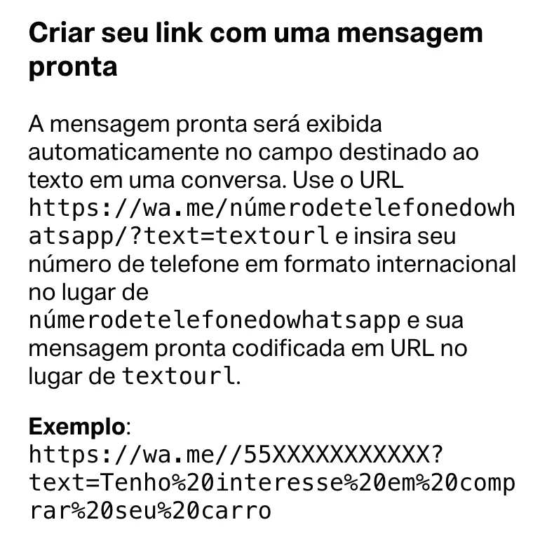 A Central de Ajuda do WhatsApp no celular, em Criar seu link com uma mensagem pronta: o endereço wa.me com o número e ?text= com a mensagem codificada, e o exemplo Tenho interesse em comprar seu carro.