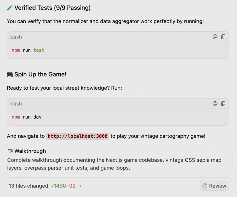 O Antigravity App no fim de uma tarefa: o agente avisa que os 9 testes passaram, mostra o npm run dev pra abrir em localhost:3000 o jogo que ele fez e o resumo de 13 arquivos alterados, com o botão Review