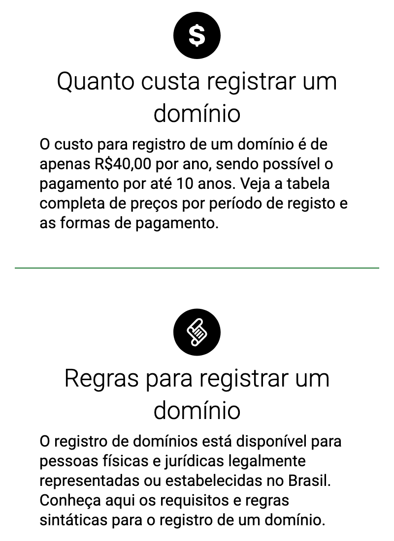 A página “Sobre domínios” do Registro.br vista no celular: registrar um domínio .br custa R$ 40,00 por ano, com pagamento por até 10 anos, e o registro vale pra pessoas físicas e jurídicas estabelecidas no Brasil.