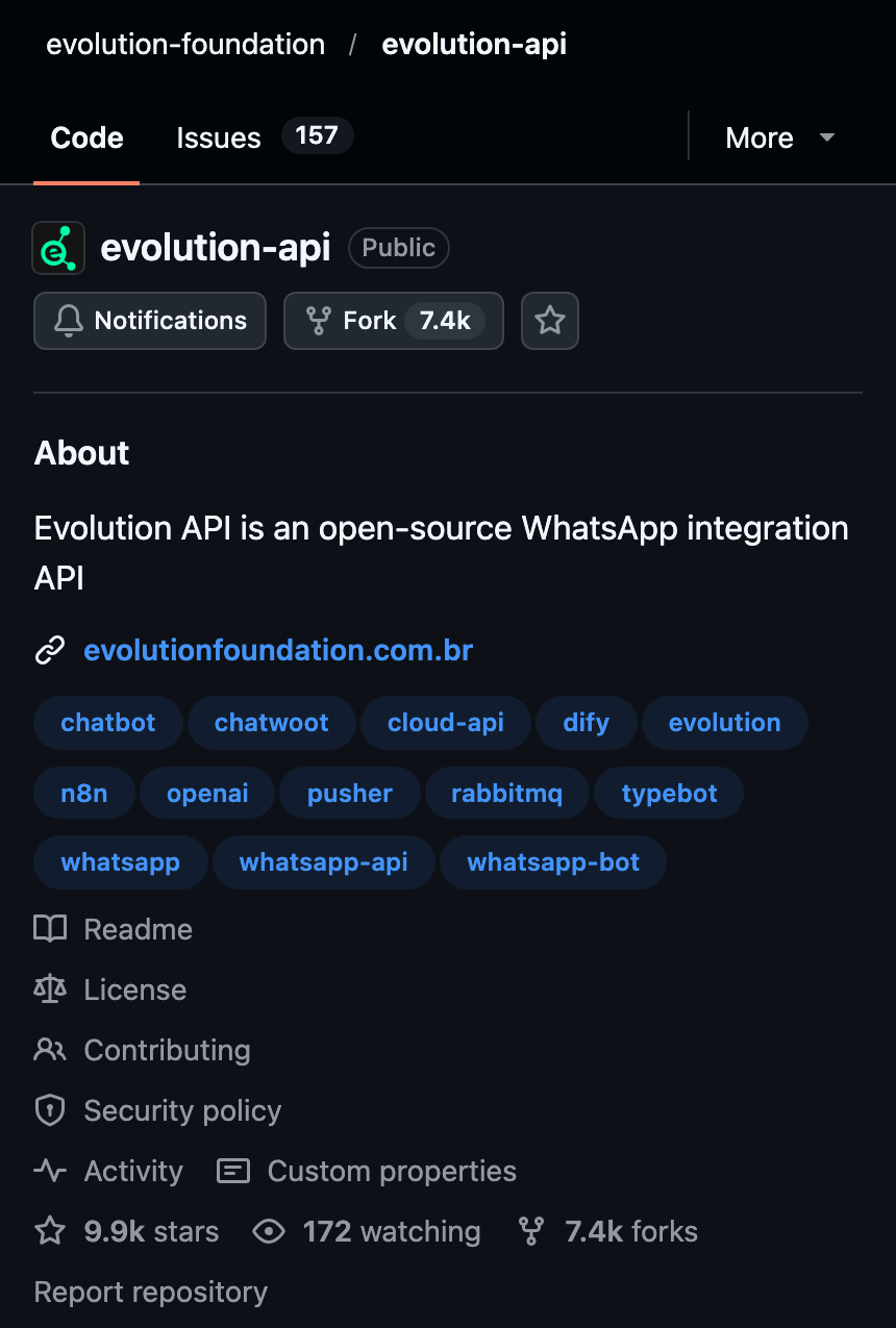 O repositório evolution-foundation/evolution-api no GitHub, público, com a descrição “Evolution API is an open-source WhatsApp integration API”, os temas (n8n, typebot, whatsapp-api, cloud-api) e 9,9 mil estrelas e 7,4 mil forks.