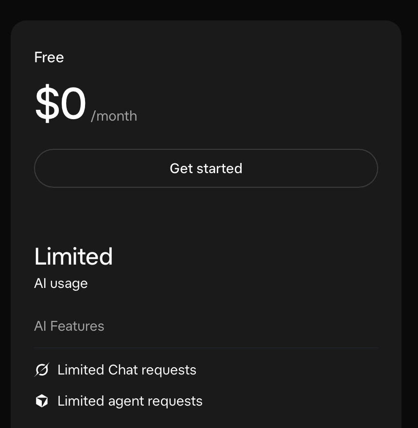 O cartão do plano Free na página de preços da xAI: US$ 0 por mês, uso de IA “Limited”, “Limited Chat requests” e “Limited agent requests”