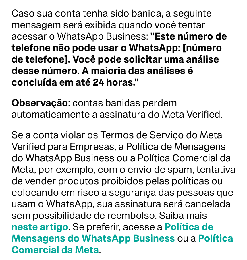 A Central de Ajuda do WhatsApp: quando a conta é banida, o app WhatsApp Business mostra “Este número de telefone não pode usar o WhatsApp”, com a opção de pedir análise; o texto cita o envio de spam entre as violações.