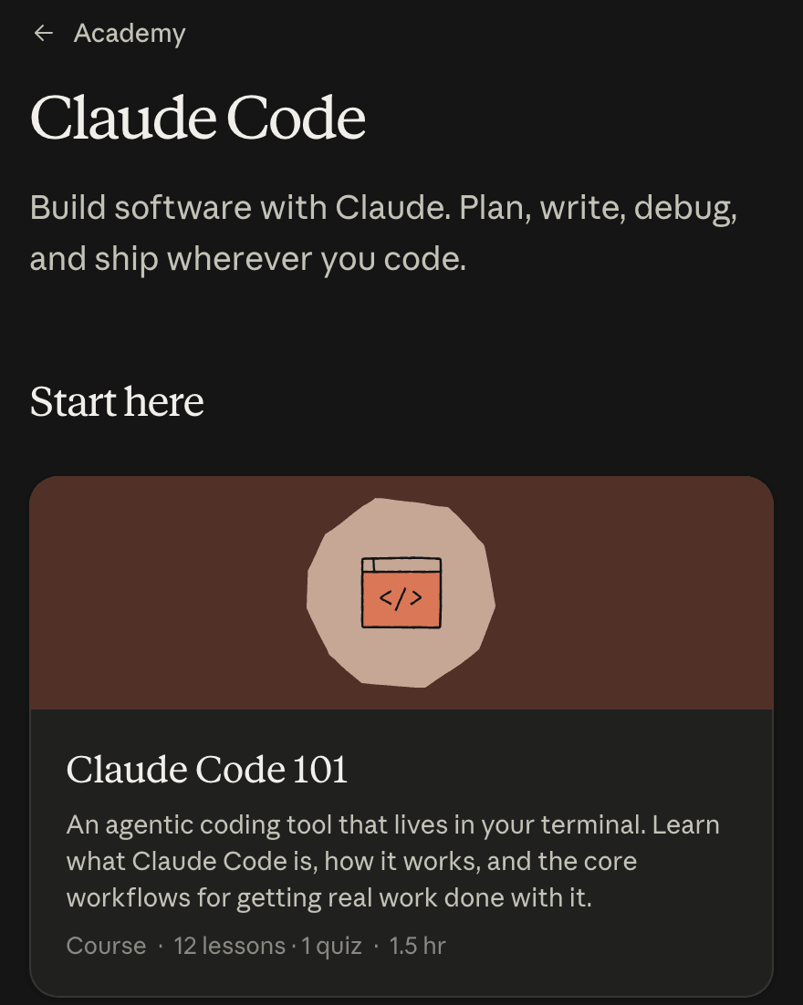 A Claude Academy, em inglês, na página do Claude Code: o curso Claude Code 101, marcado como Start here, com 12 lições, um quiz e 1 hora e meia