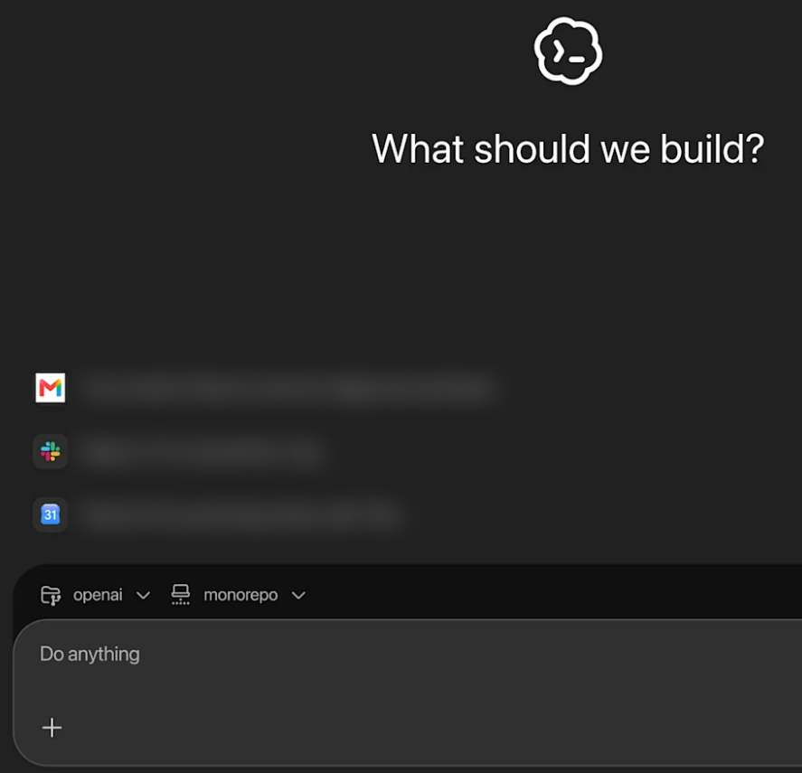 A imagem da página oficial do Codex: o app do ChatGPT no modo Codex, com a pergunta “What should we build?”, as sugestões borradas e a caixa “Do anything” com o repositório e a pasta do projeto escolhidos em cima.