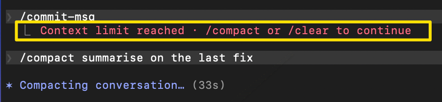 O terminal do Claude Code avisando que a janela encheu (Context limit reached) e o /compact resumindo a conversa