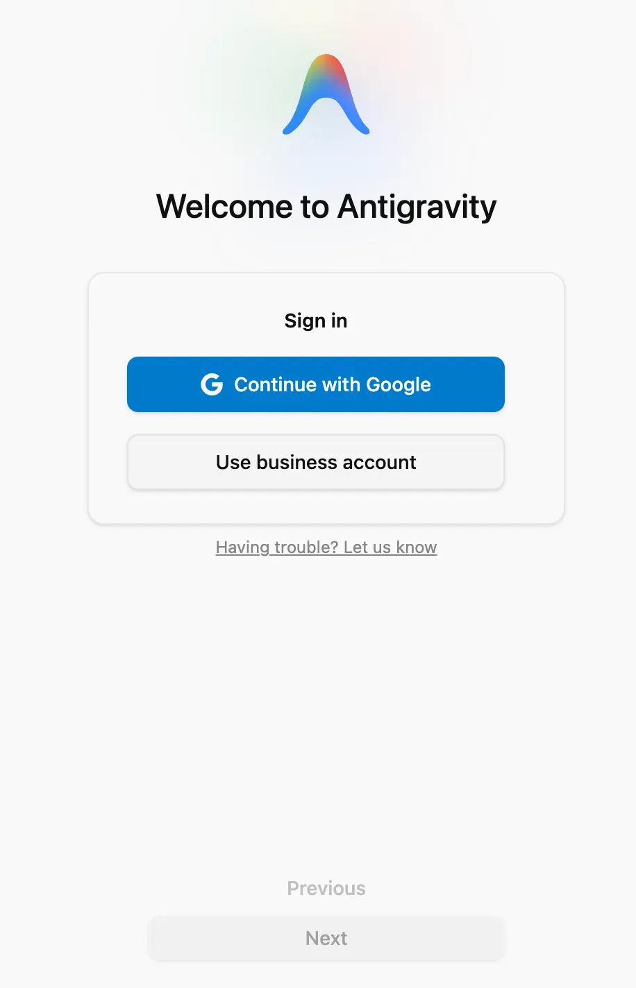 A tela de boas-vindas do Antigravity App, Welcome to Antigravity: no quadro Sign in, o botão azul Continue with Google, pra entrar com a conta do Google, e embaixo a opção Use business account