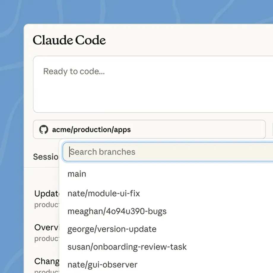 O Claude Code na web: a caixa Ready to code, o repositório do GitHub escolhido e a busca do branch aberta embaixo