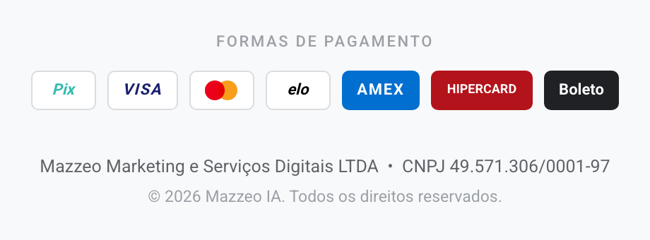 O rodapé do site da Mazzeo IA, com as formas de pagamento (Pix, Visa, Mastercard, Elo, Amex, Hipercard e boleto), a linha “Mazzeo Marketing e Serviços Digitais LTDA • CNPJ 49.571.306/0001-97” e “© 2026 Mazzeo IA. Todos os direitos reservados.”