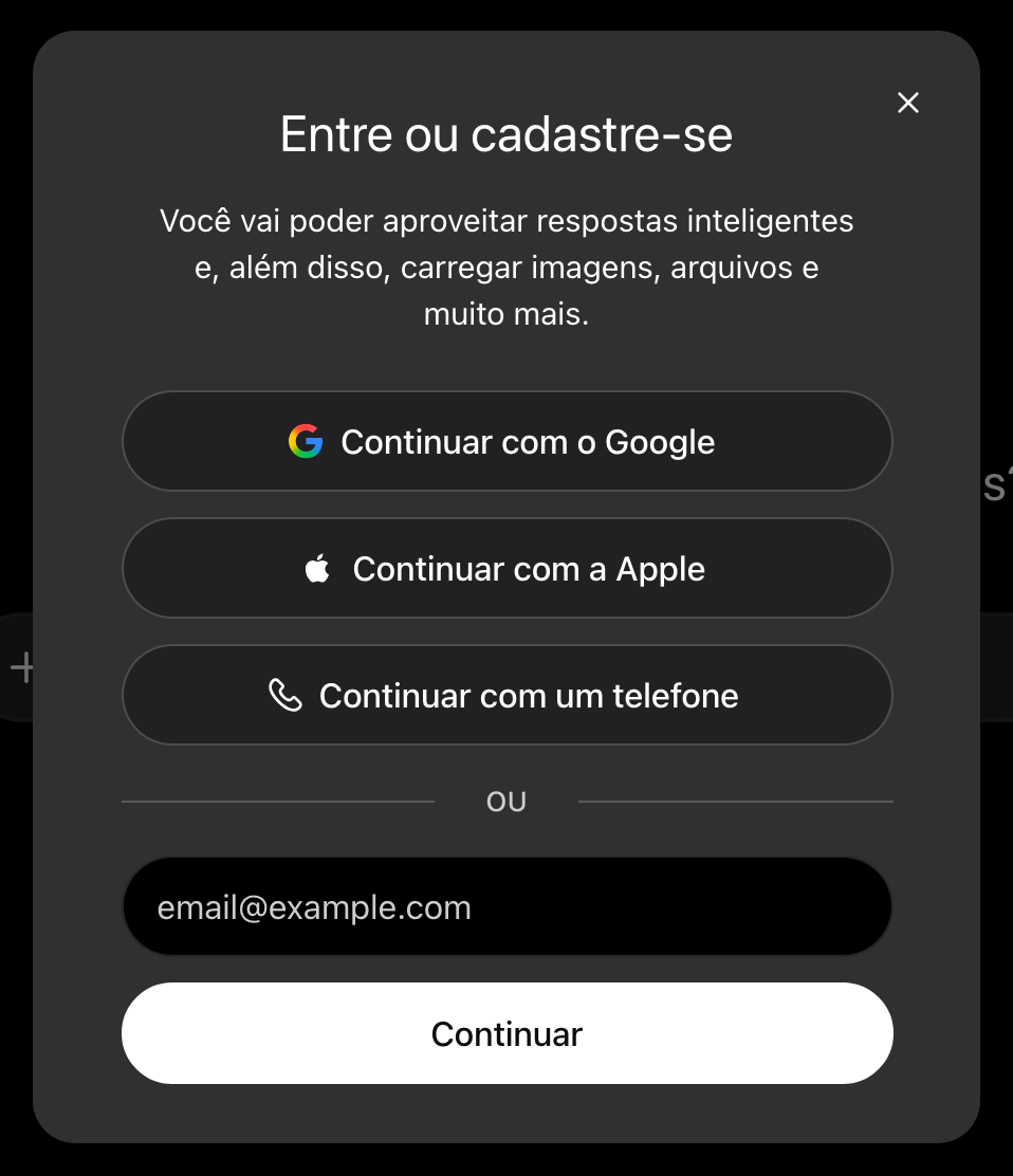 A janela “Entre ou cadastre-se” do chatgpt.com: Continuar com o Google, Continuar com a Apple, Continuar com um telefone ou, embaixo, o campo de e-mail e o botão Continuar.