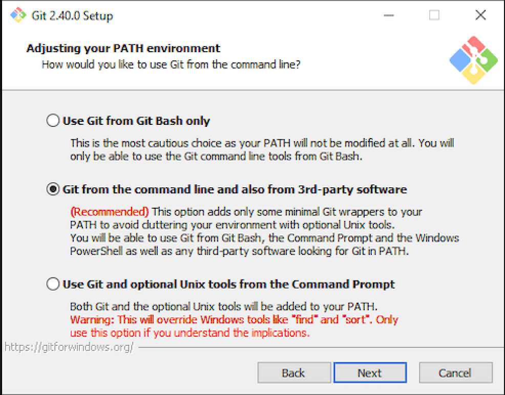 Tela “Adjusting your PATH environment” do instalador do Git for Windows, com a opção do meio, “Git from the command line and also from 3rd-party software”, marcada como recomendada
