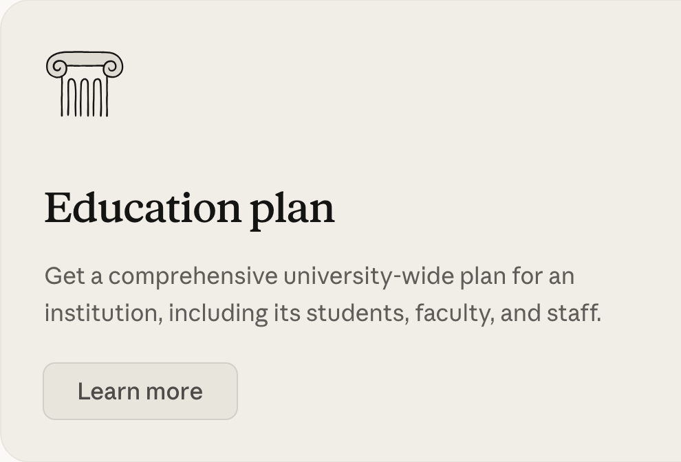 Bloco “Education plan” na página de planos da Anthropic, em inglês: um plano pra universidade inteira, que inclui os alunos, os professores e os funcionários, com o botão Learn more